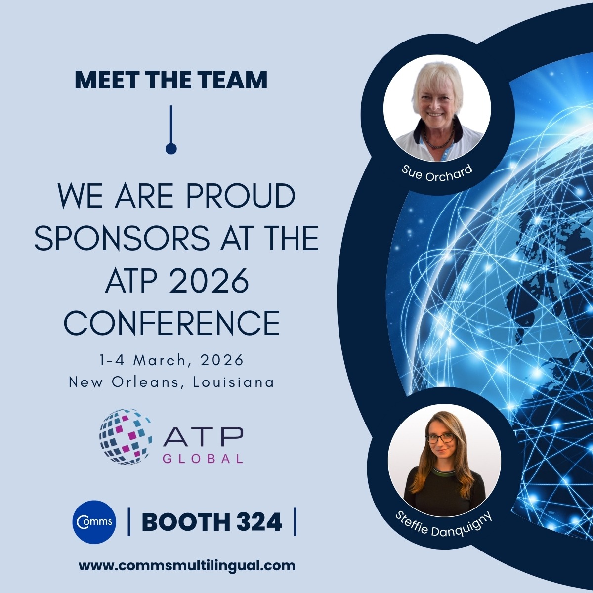 ATP 2026 sponsor graphic for Comms Multilingual (Booth 324) featuring Sue Orchard and Steffie Danquigny.