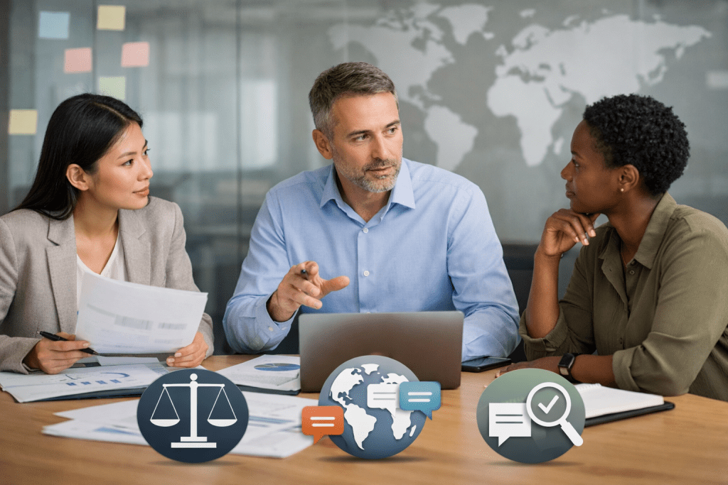 Three colleagues in a meeting discuss documents around a laptop in a modern office, with a world map on the glass wall and icons at the bottom suggesting fairness, global communication, and quality review.