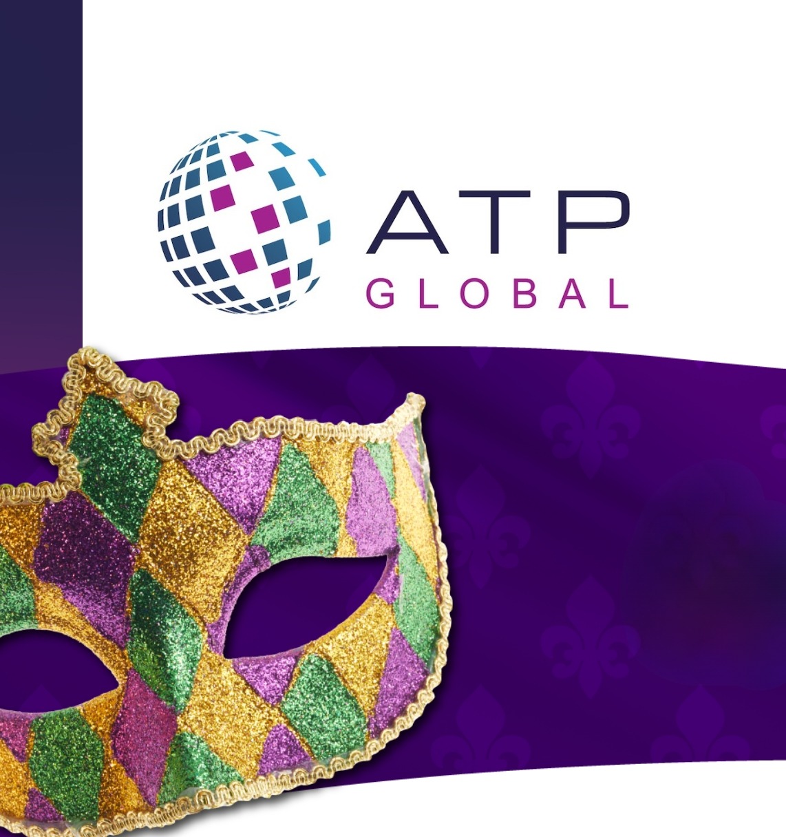 ATP Global “Innovations in Testing 2026” banner (March 1–4) with “Celebrating People, Progress, and Possibilities” and a Mardi Gras mask.