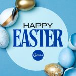 Happy Easter message with decorative blue and gold eggs on a blue background, featuring the Comms logo.