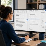 A woman adapts a workplace assessment from a Word document into an online assessment platform on a desktop computer.