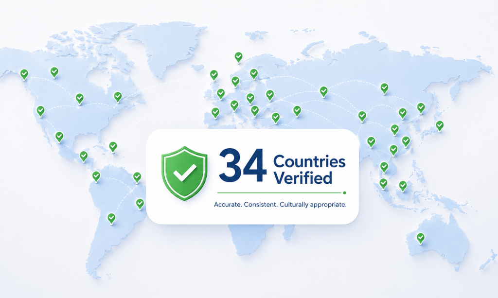 World map with verified locations across 34 countries, representing accurate and consistent multilingual translation verification.